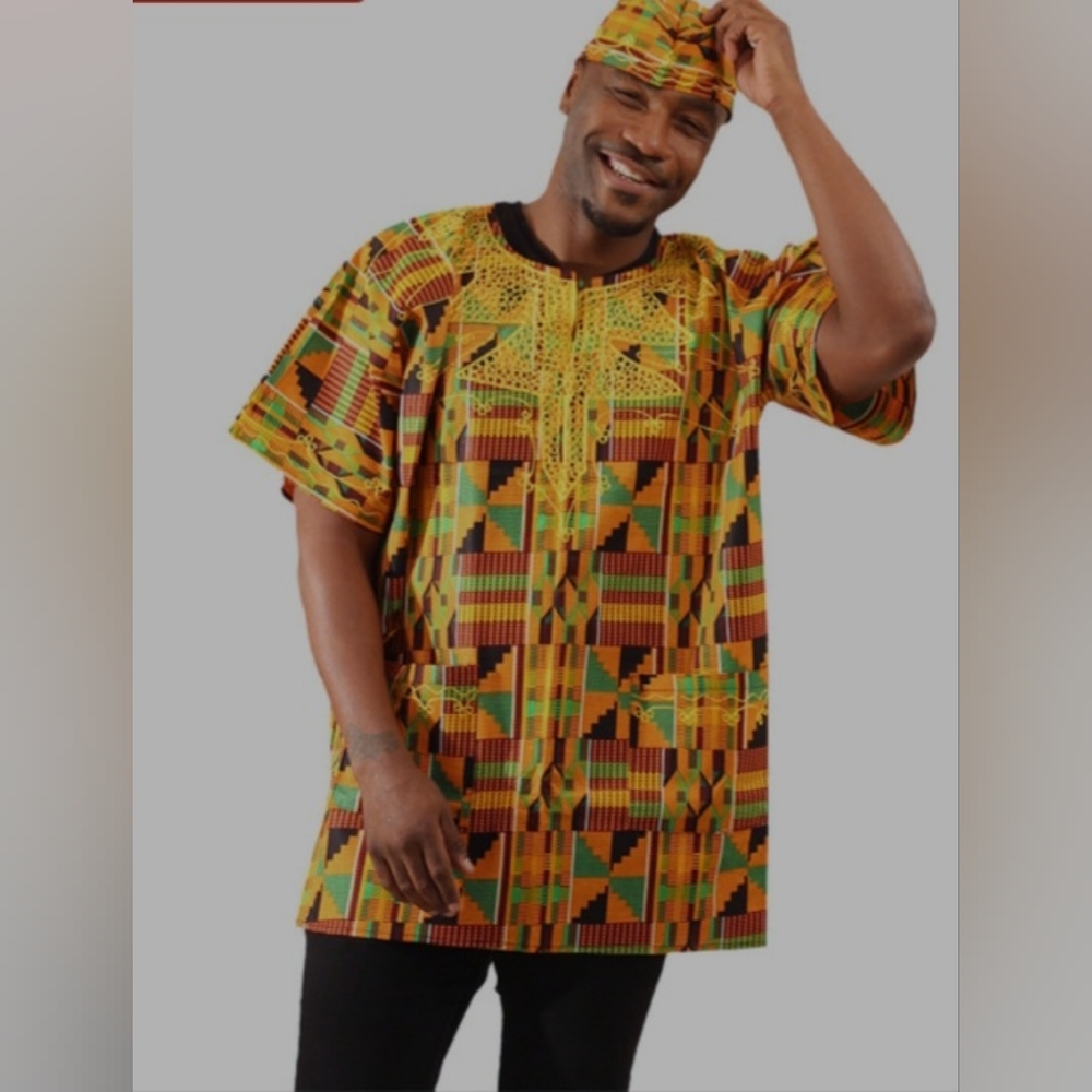 Kente | Dashiki Shirt with Matching Hat | Vibrant African Print | Free Size